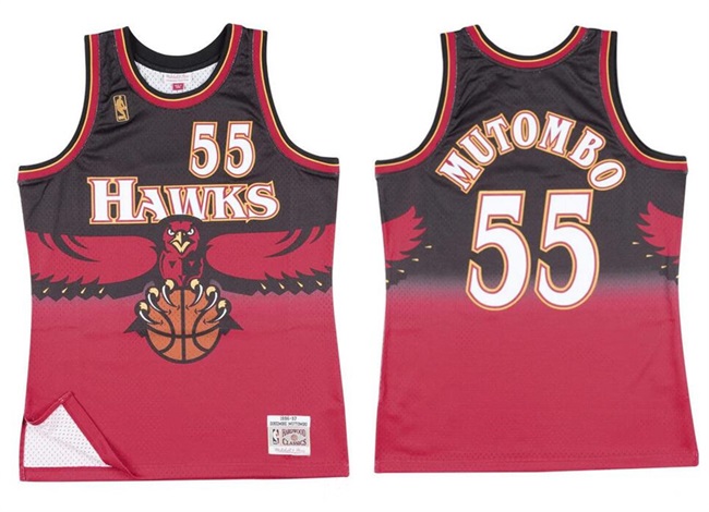 Men's Red Atlanta Hawks #55 Dikembe Mutombo 1996-97 Throwback Stitched Basketball Jersey